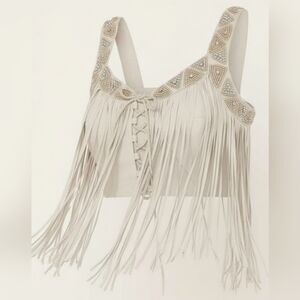Idyllwind Cream Fringe Lace-Up Tank Top with Beaded Straps